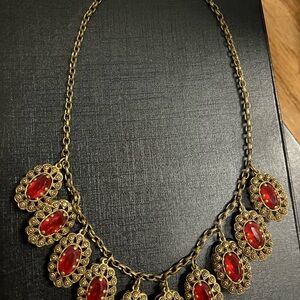Vintage Elegant Red Glass , Gold Statement necklace.